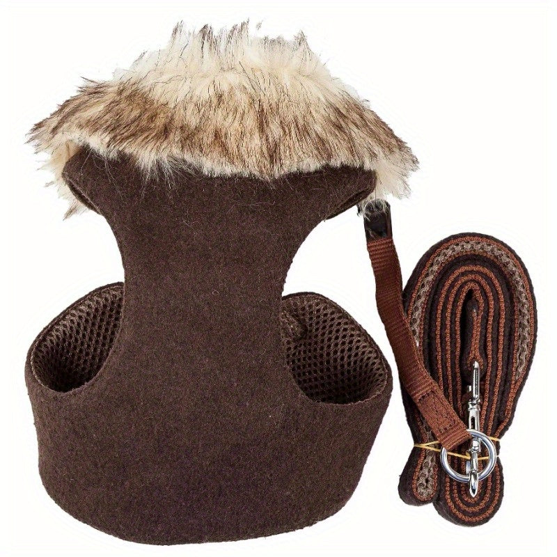 2-In-1 Mesh Reversed Adjustable Dog Harness-Leash W/ Removable Fur Collar