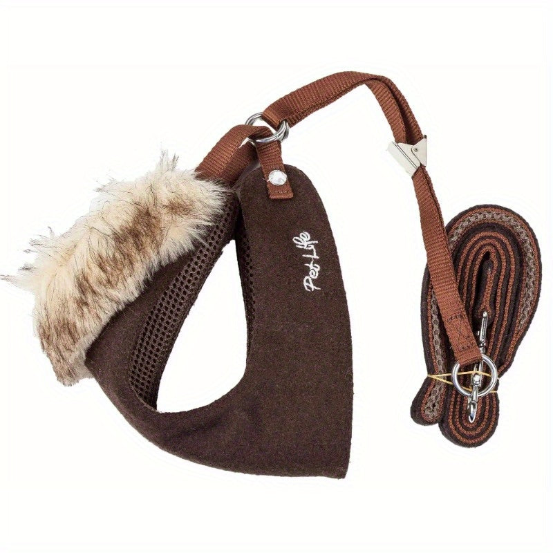 2-In-1 Mesh Reversed Adjustable Dog Harness-Leash W/ Removable Fur Collar