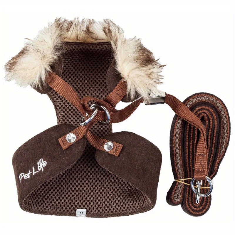 2-In-1 Mesh Reversed Adjustable Dog Harness-Leash W/ Removable Fur Collar
