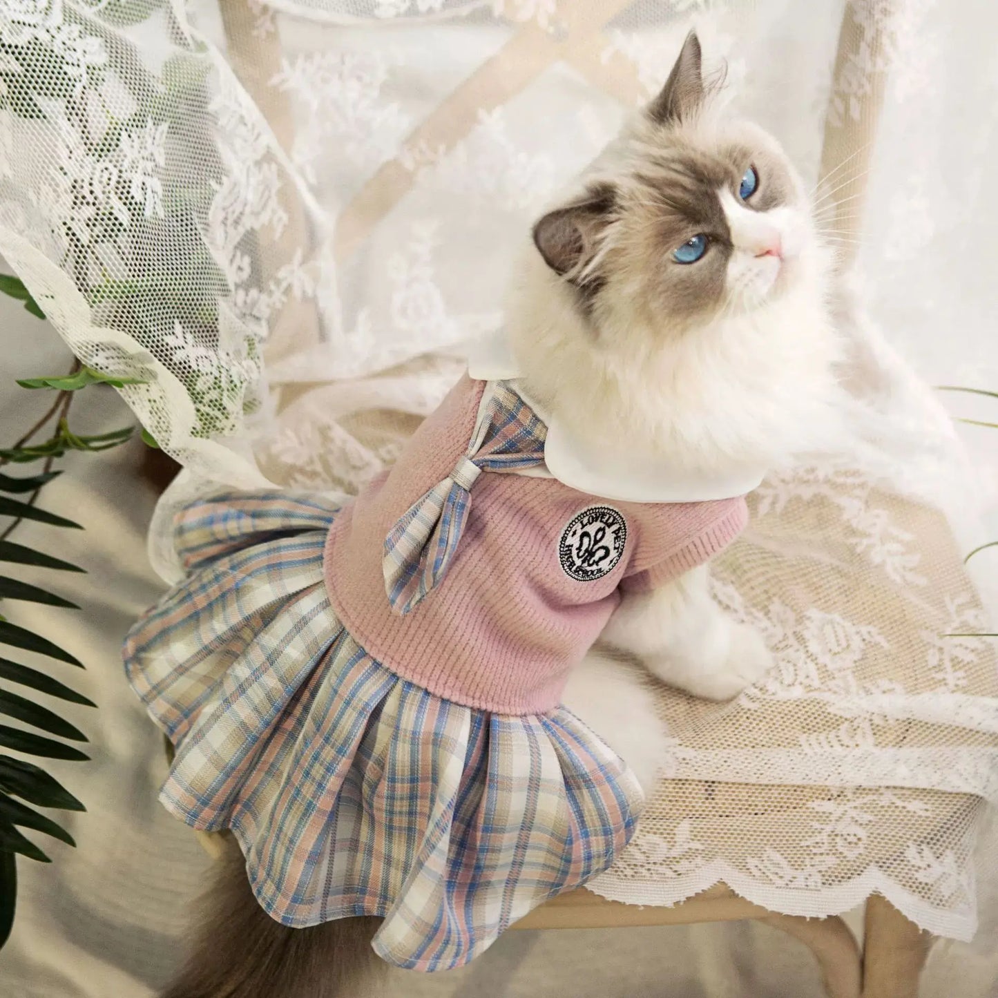 Dog cat clothes wool plaid dress