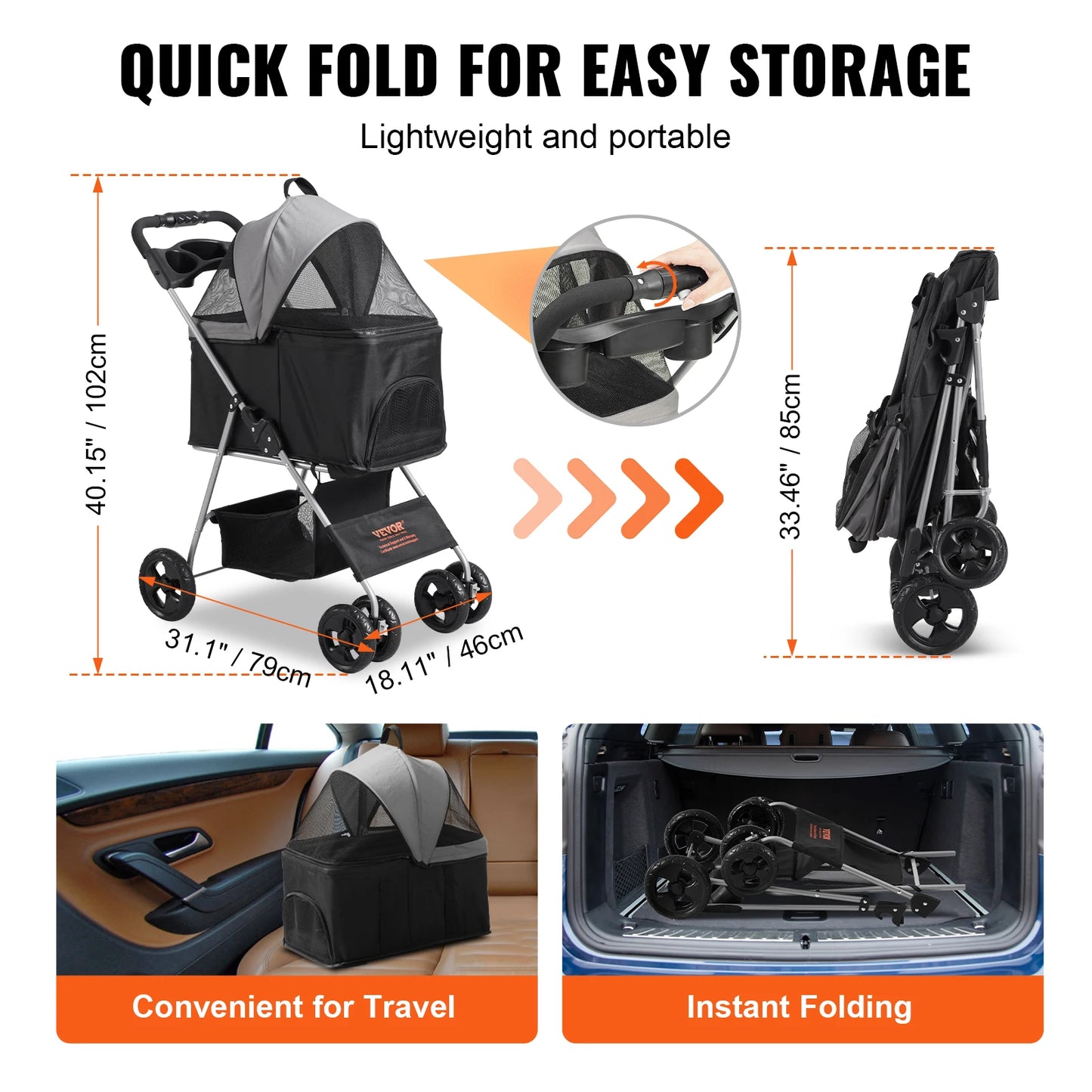 Pet Dog Stroller with Brakes Storage Basket Cup Holder