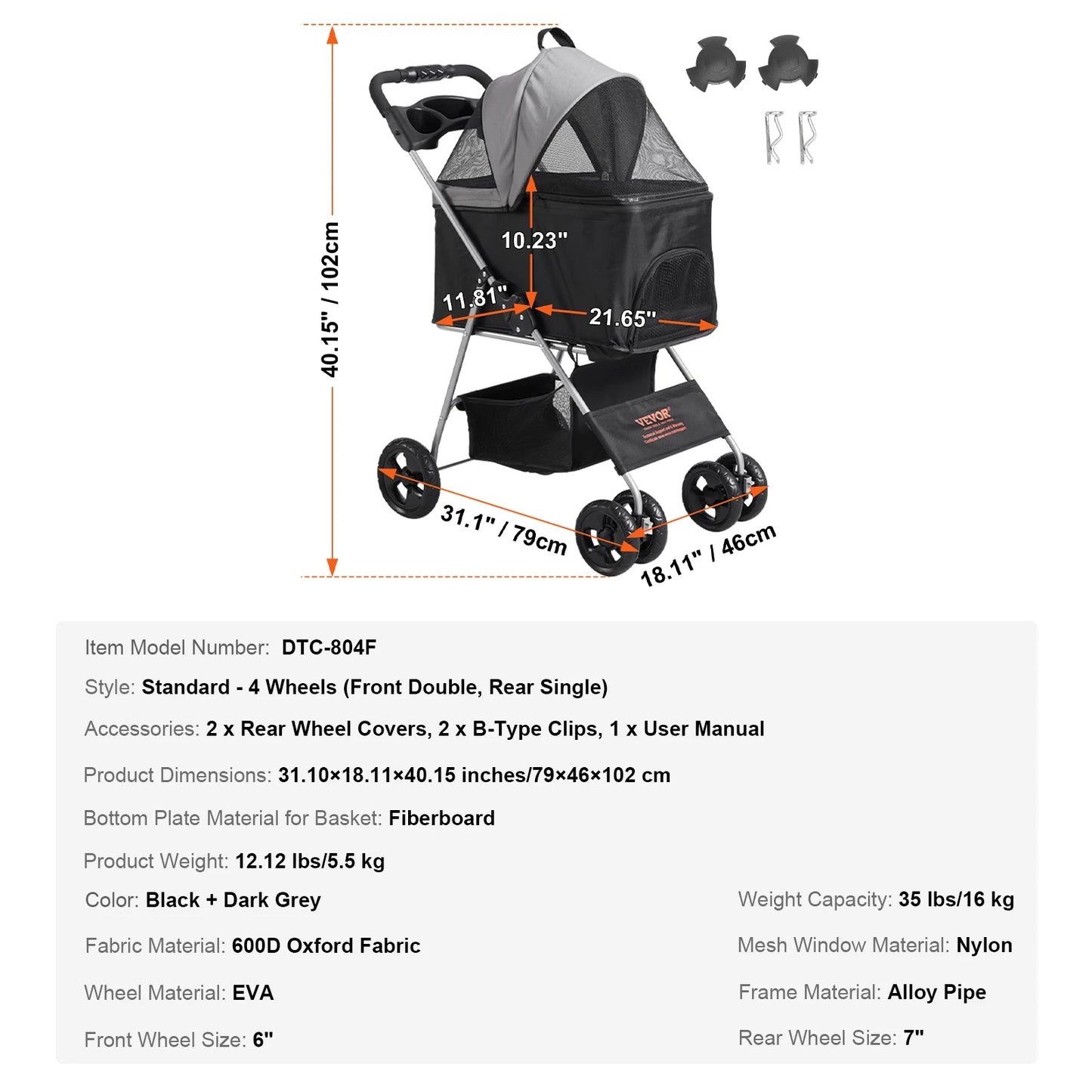 Pet Dog Stroller with Brakes Storage Basket Cup Holder