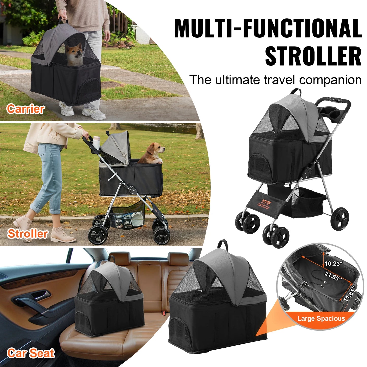 Pet Dog Stroller with Brakes Storage Basket Cup Holder