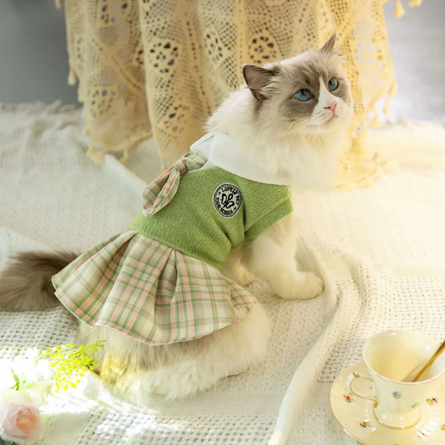 Dog cat clothes wool plaid dress
