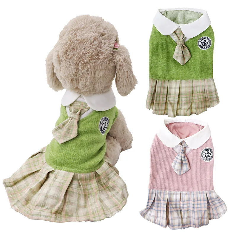 Dog cat clothes wool plaid dress