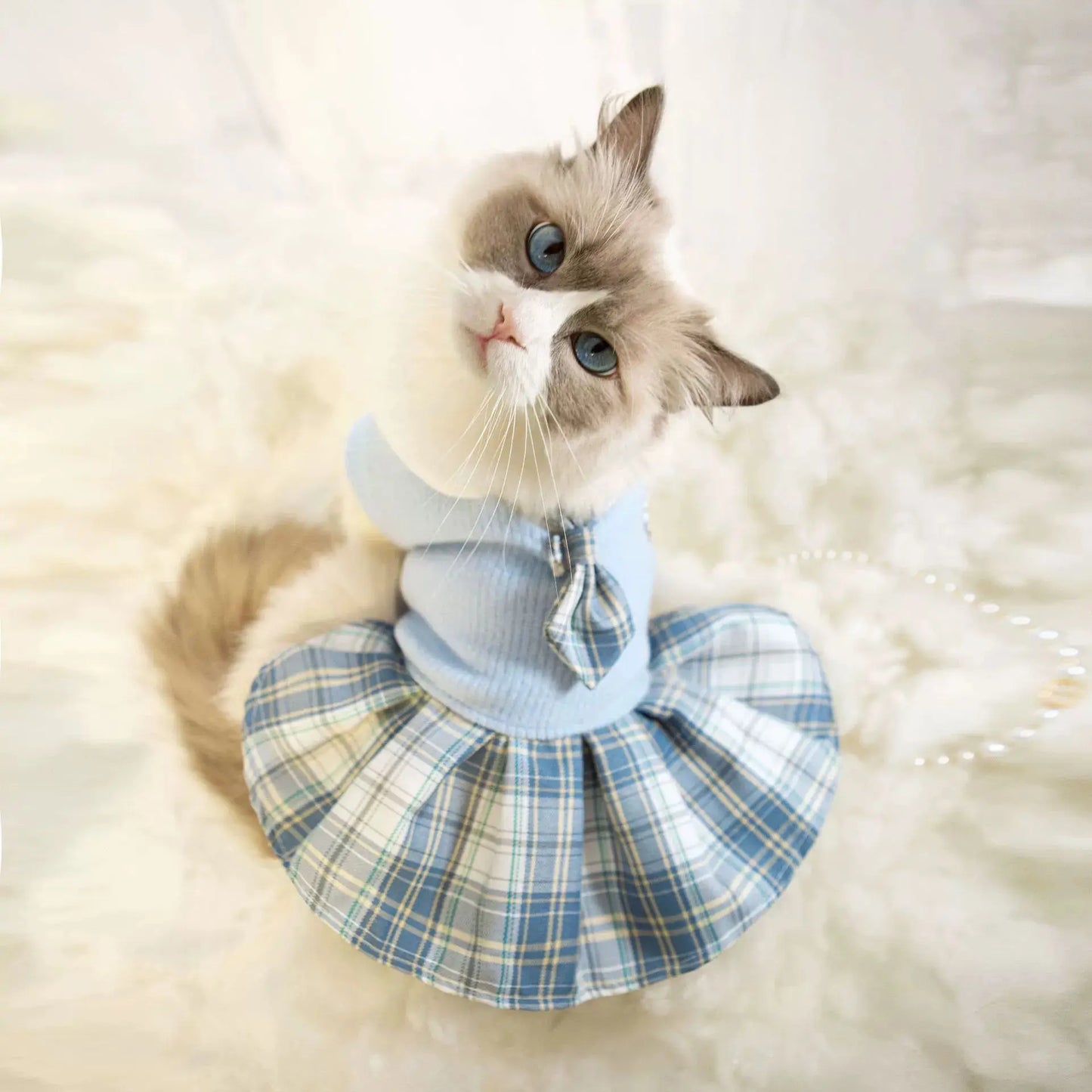 Dog cat clothes wool plaid dress