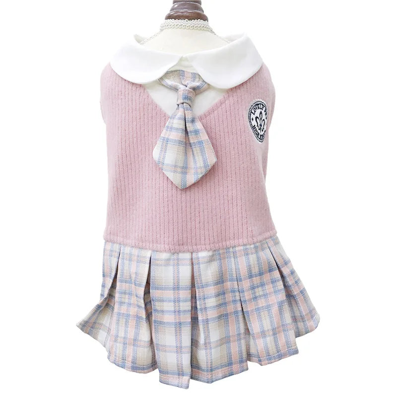 Dog cat clothes wool plaid dress