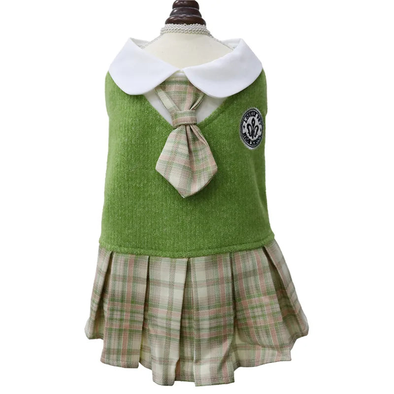 Dog cat clothes wool plaid dress