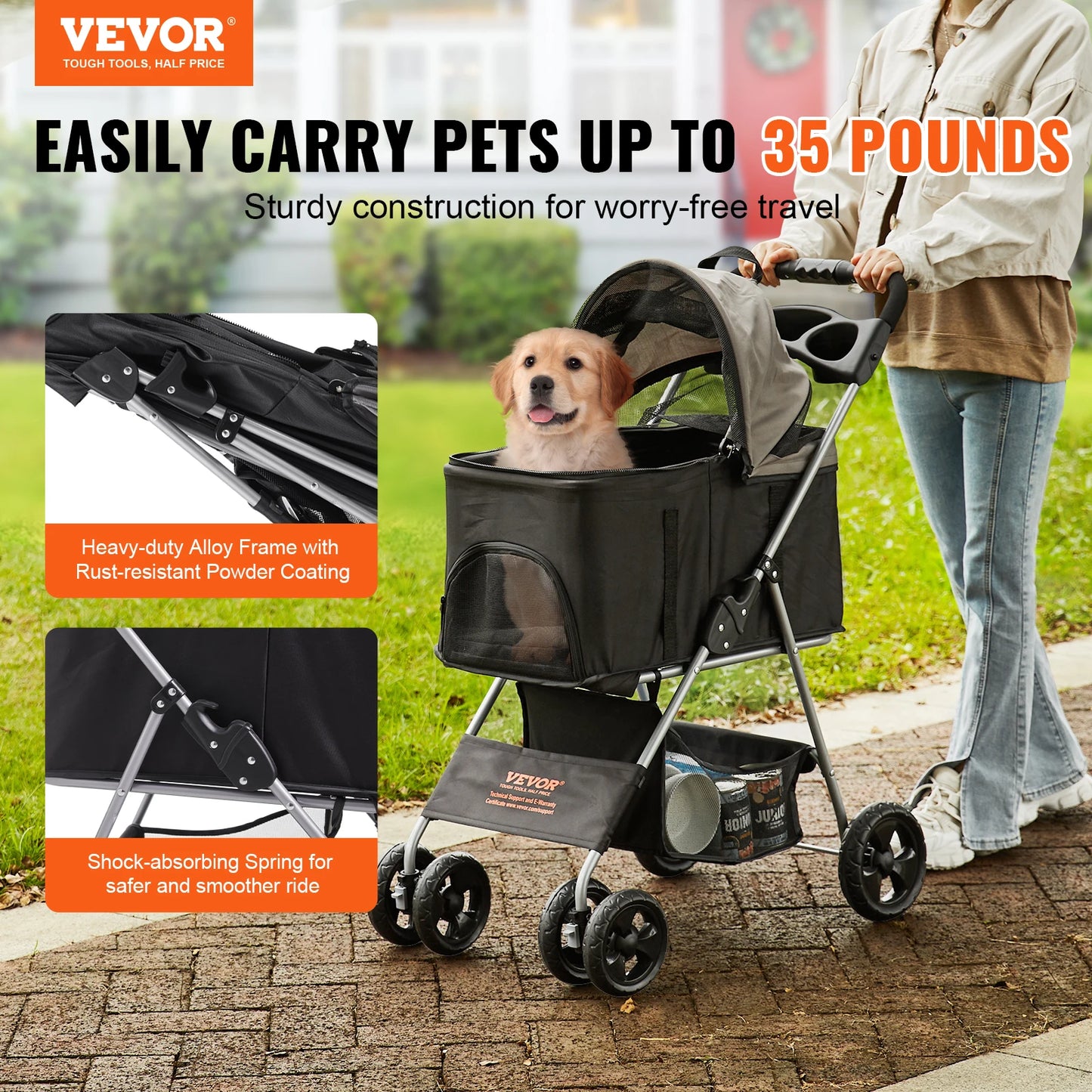 Pet Dog Stroller with Brakes Storage Basket Cup Holder