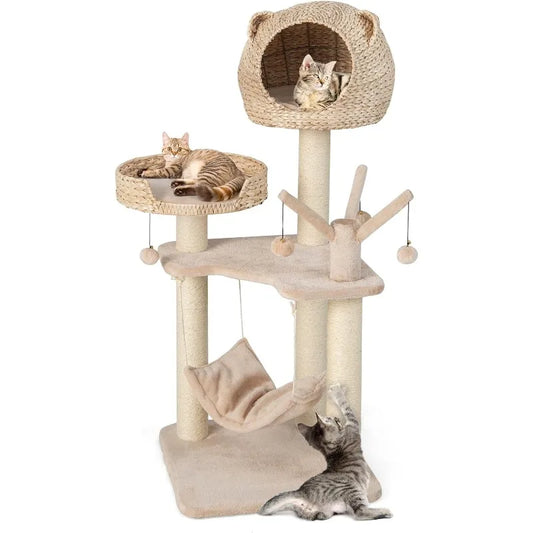 Modern Cat Tree Tower, Multi-Level Tall Activity Center with Natural Sisal Scratching Posts, Hammock, Hand-Made Cattail Cute